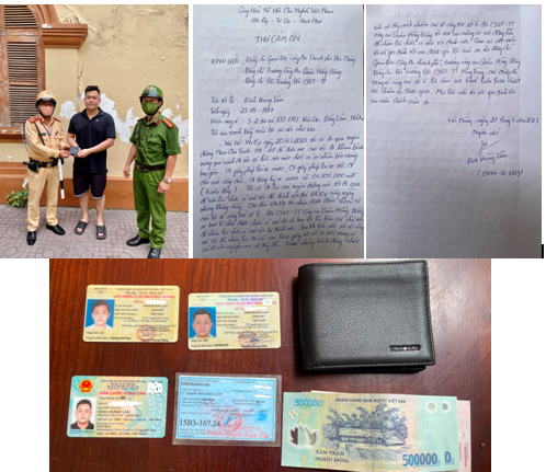 Tổ tuần tra số 6 (Đội CSGT-TT,CAQ Hồng Bàng) trao trả tài sản, giấy tờ cho người đánh rơi